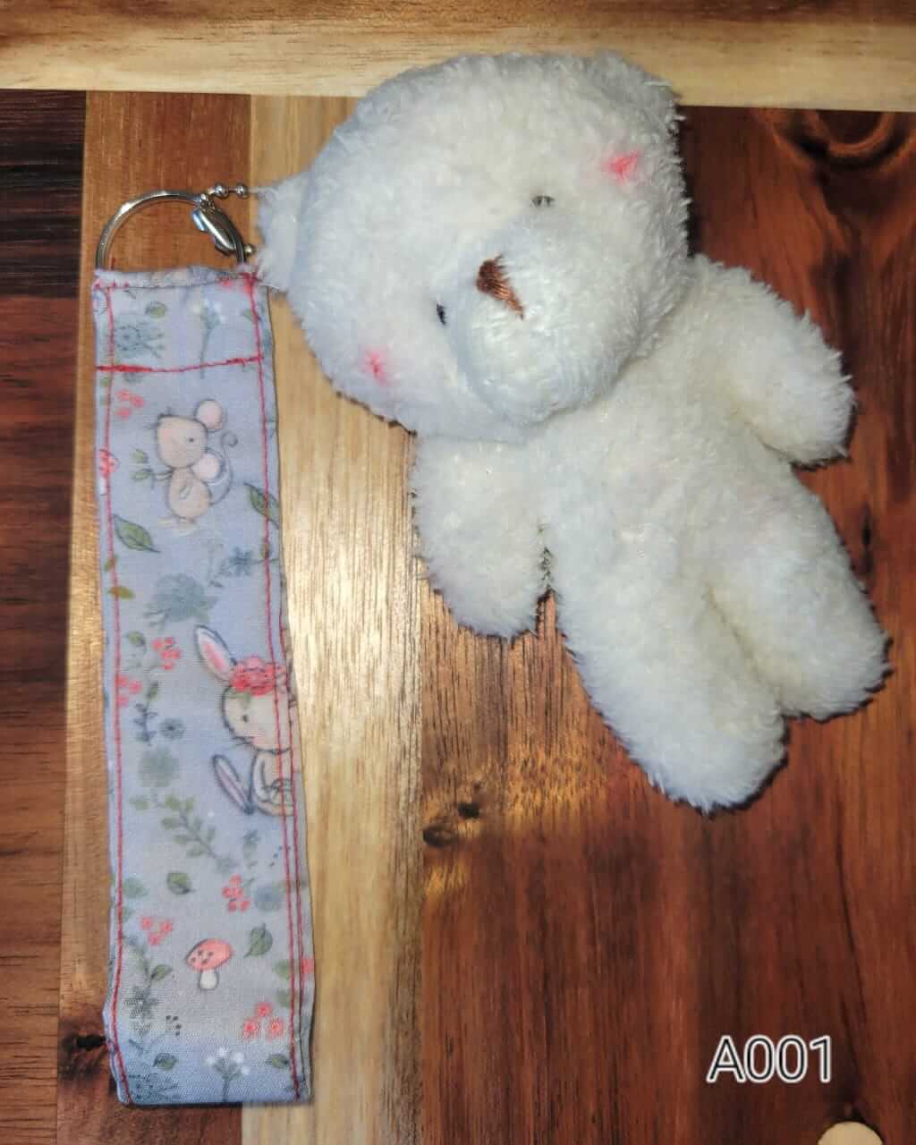 Hand made fabric keychain wristlet with cute teddy