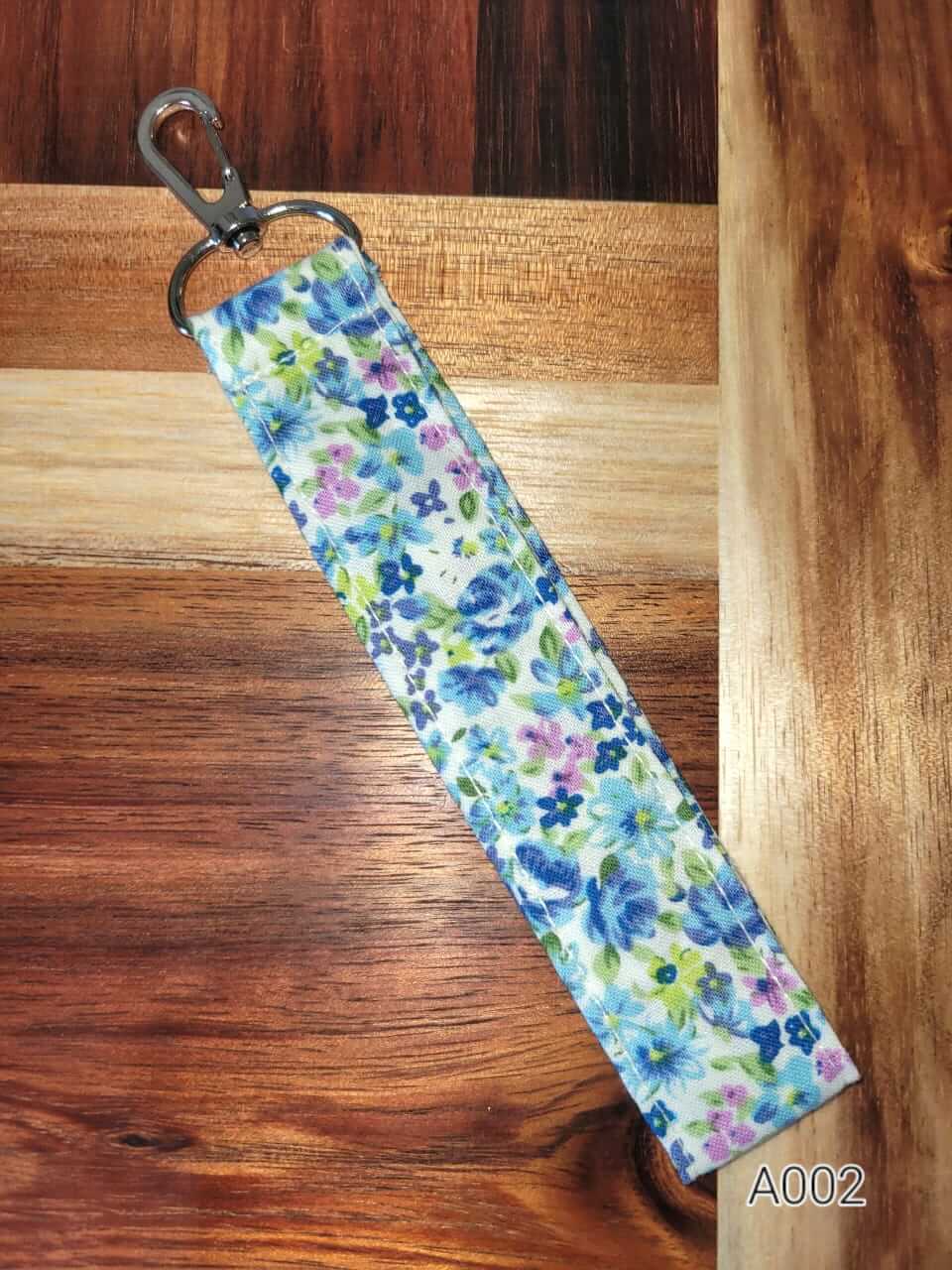 Handmade fabric keychain wristlet – blue flowers