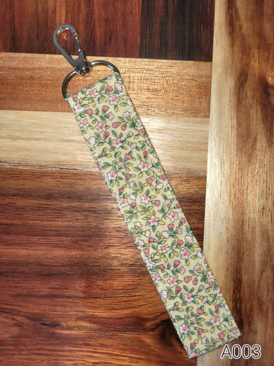 Handmade fabric keychain wristlet – beige flowers