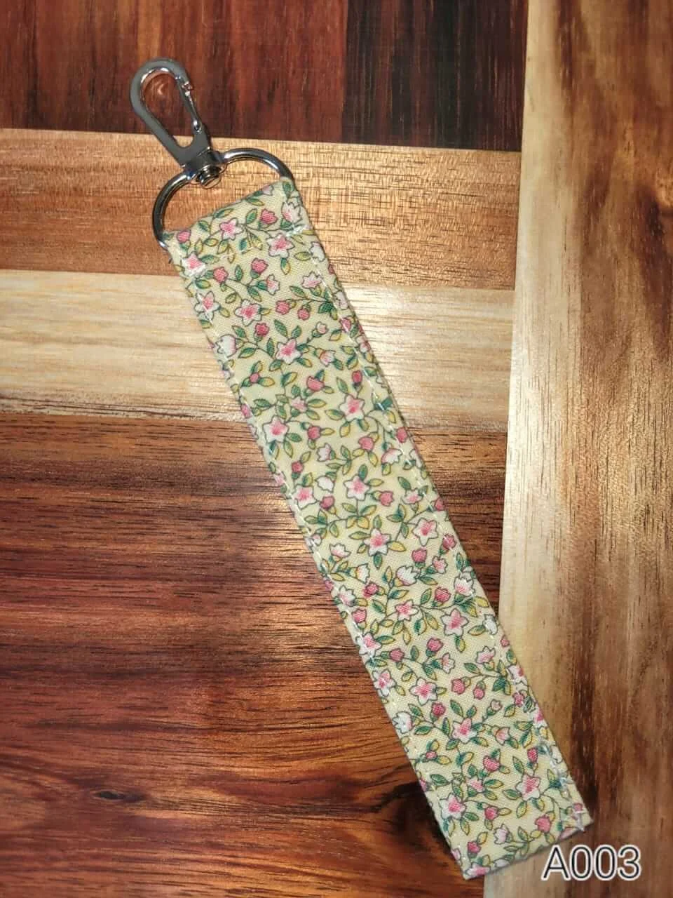 Handmade fabric keychain wristlet – beige flowers